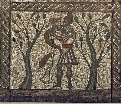 Dido and Aeneas embracing, from the mosaic pavement in the Roman villa at Low Ham, c.350 AD (detail) by Roman